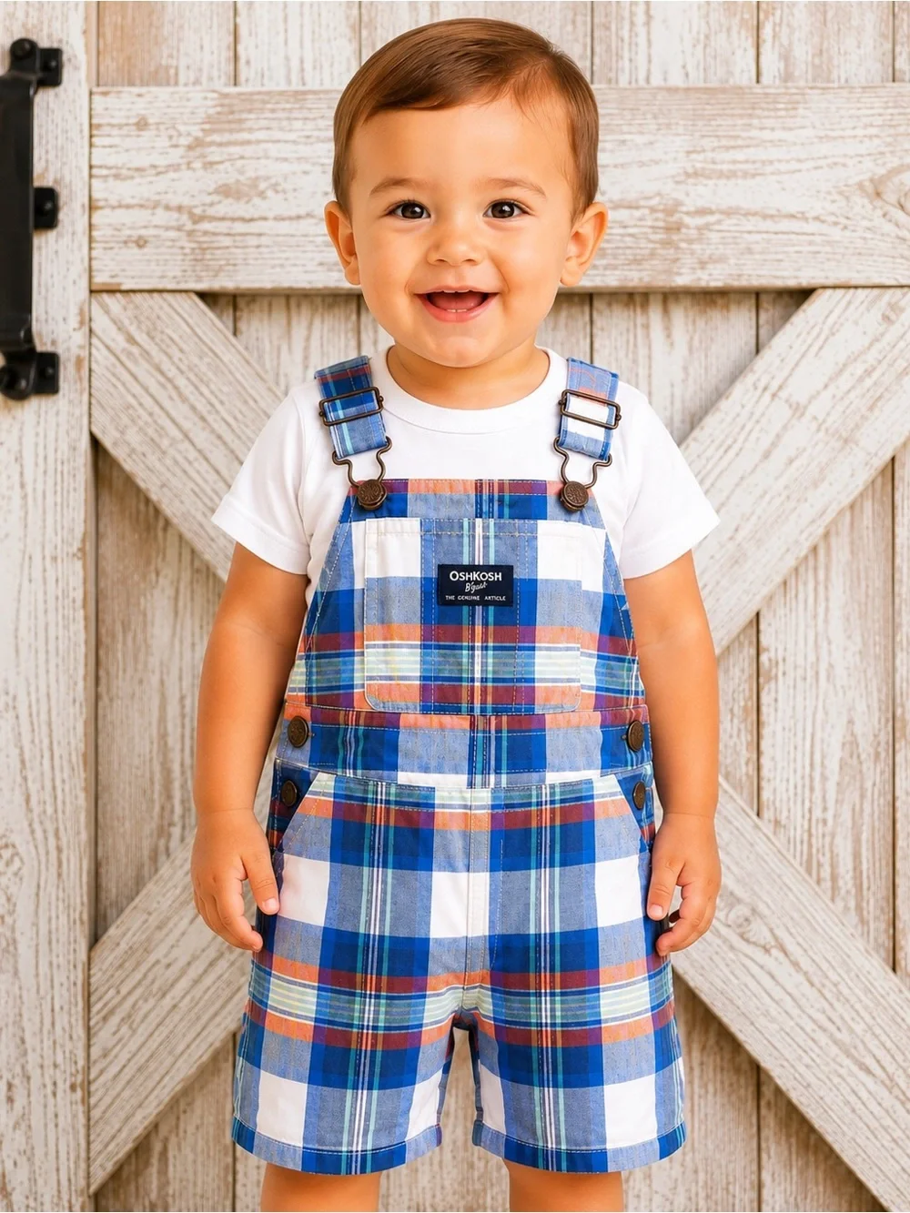 OshKosh B’gosh Plaid Shortalls 18M Baby Boy Blue Cotton Summer Overalls